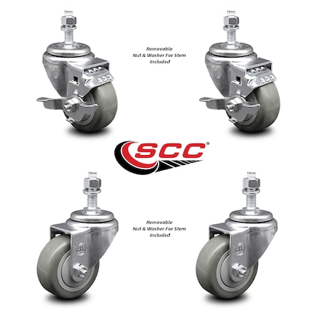Service Caster 3.5 Inch Gray Polyurethane Swivel 12mm Threaded Stem Caster Brakes SCC, 2PK SCC-TS20S3514-PPUB-TLB-M1215-2-S-2
